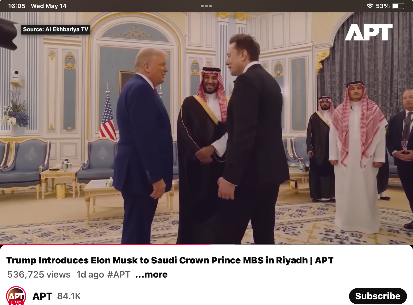 Watch “Trump Introduces Elon Musk to Saudi Crown Prince MBS in Riyadh ...